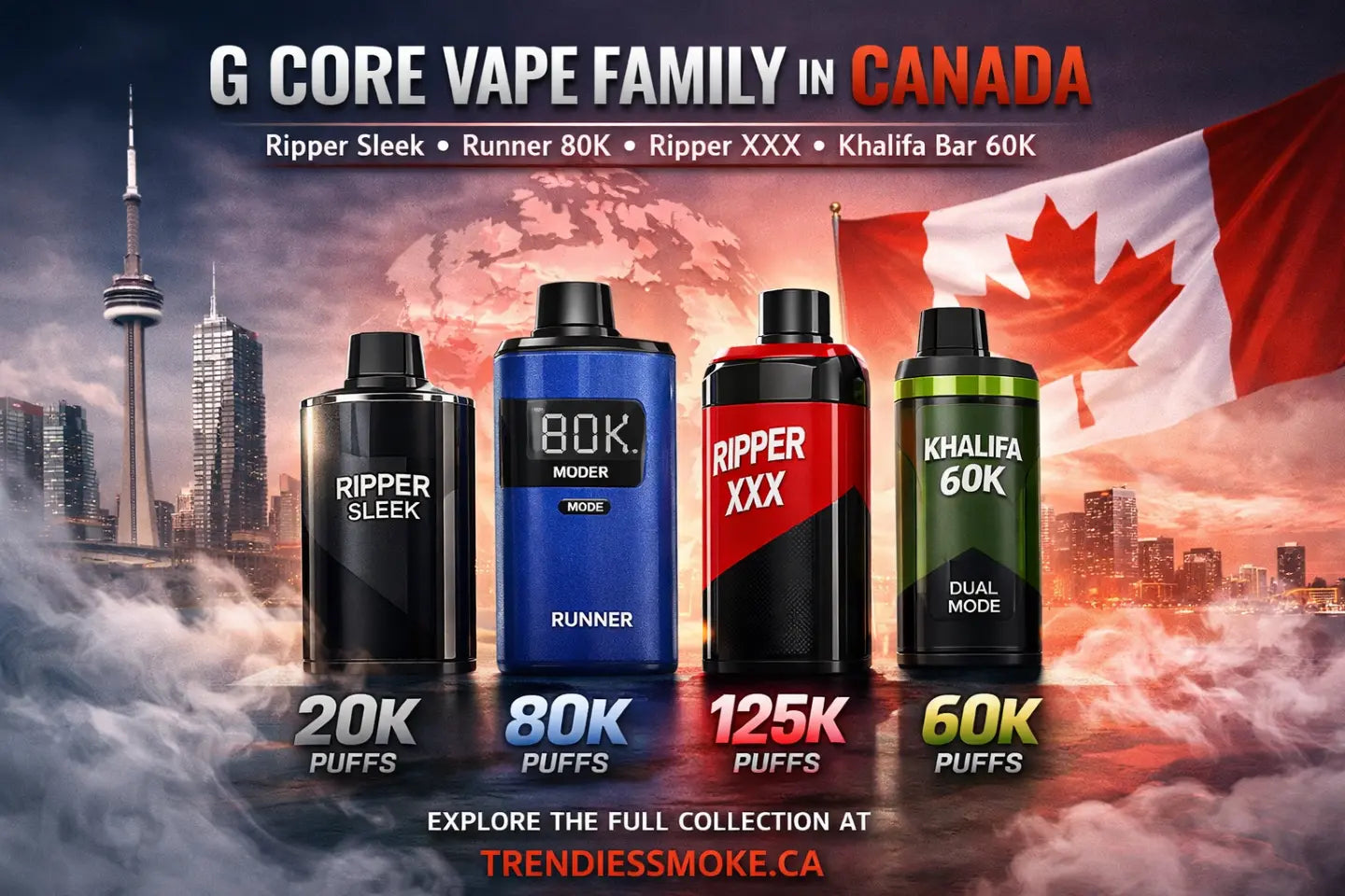 G Core Vape Family in Canada: Ripper Sleek, Runner 80K, Ripper XXX & Khalifa Bar 60K
