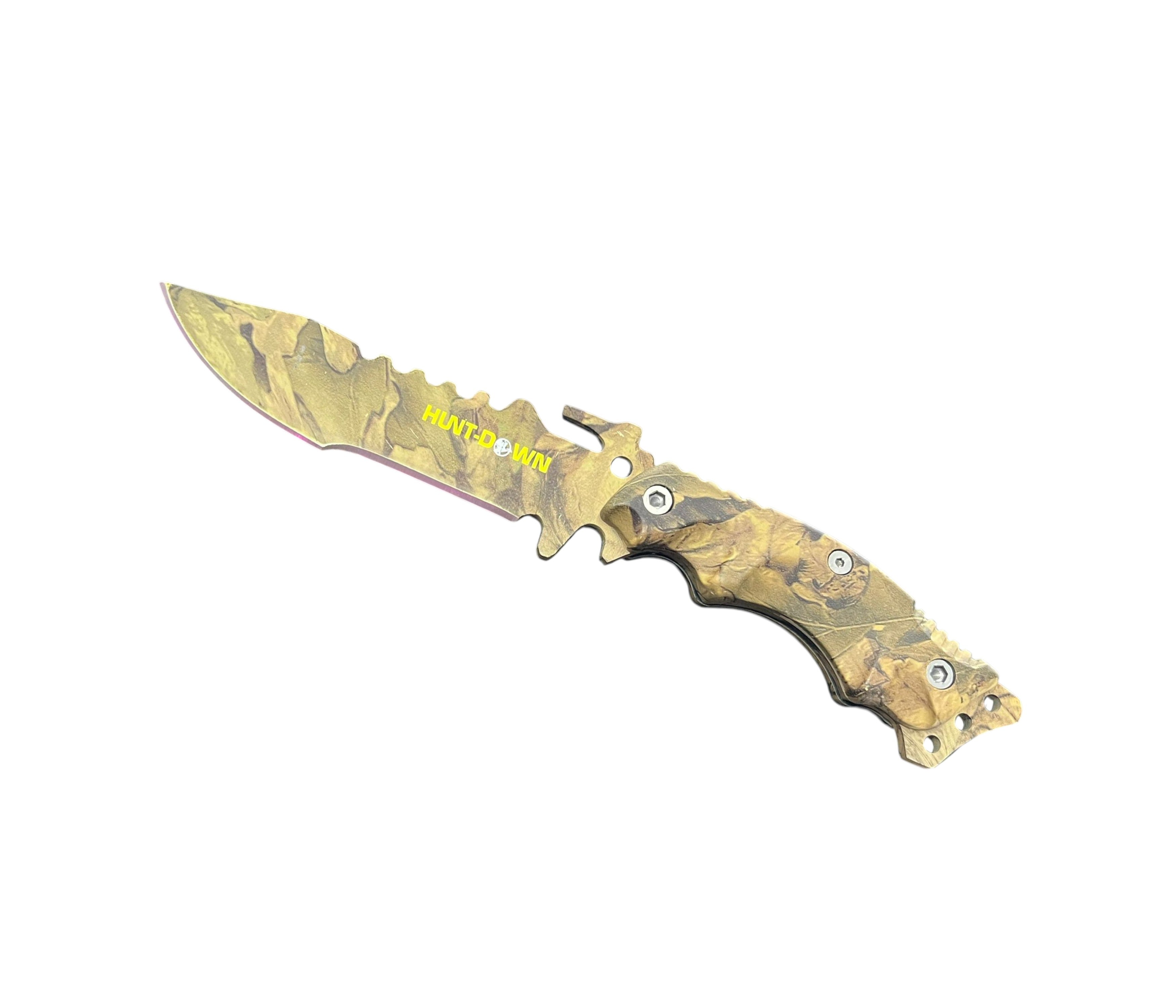 Camouflage-patterned folding knife on a white background