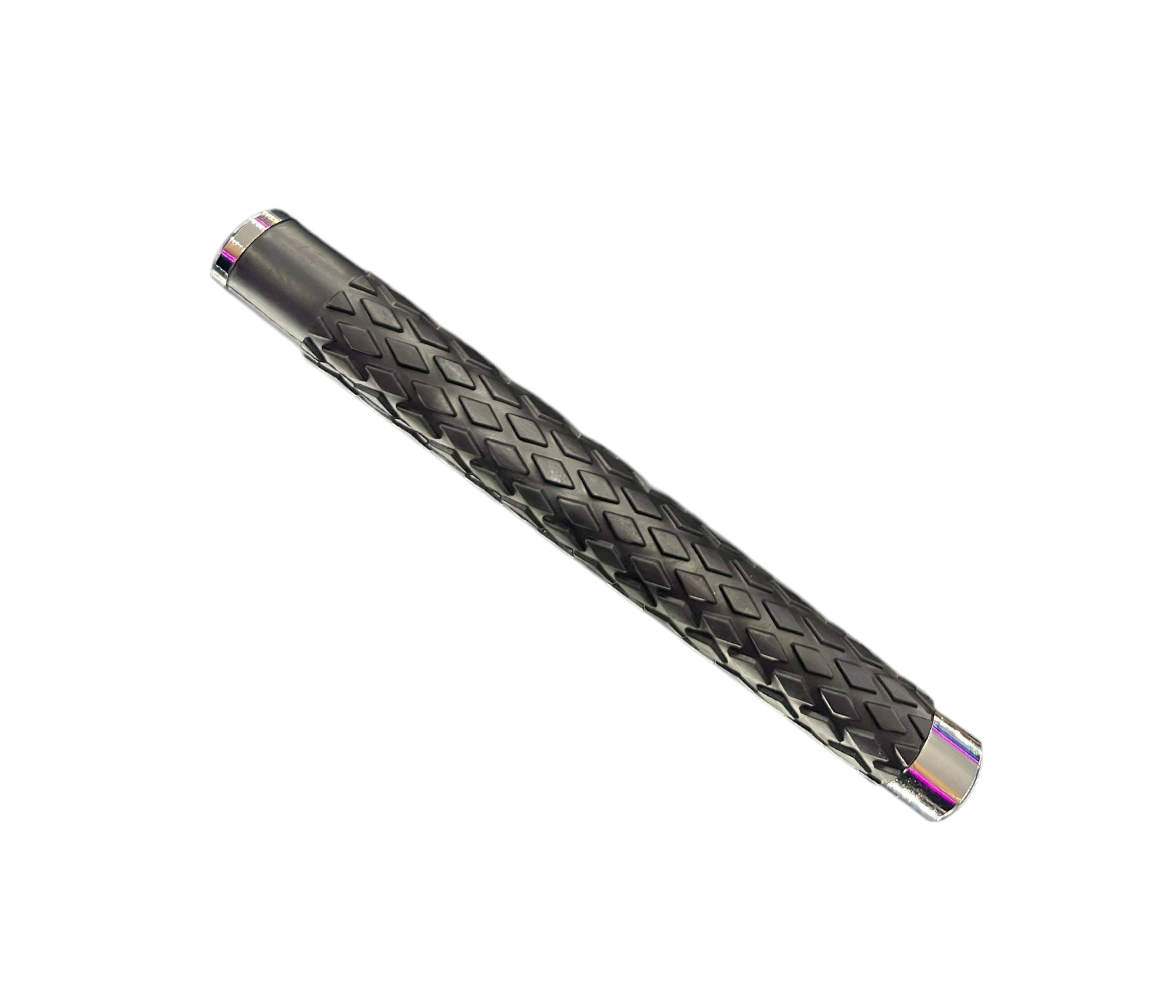 Metallic pen with textured grip on a white background