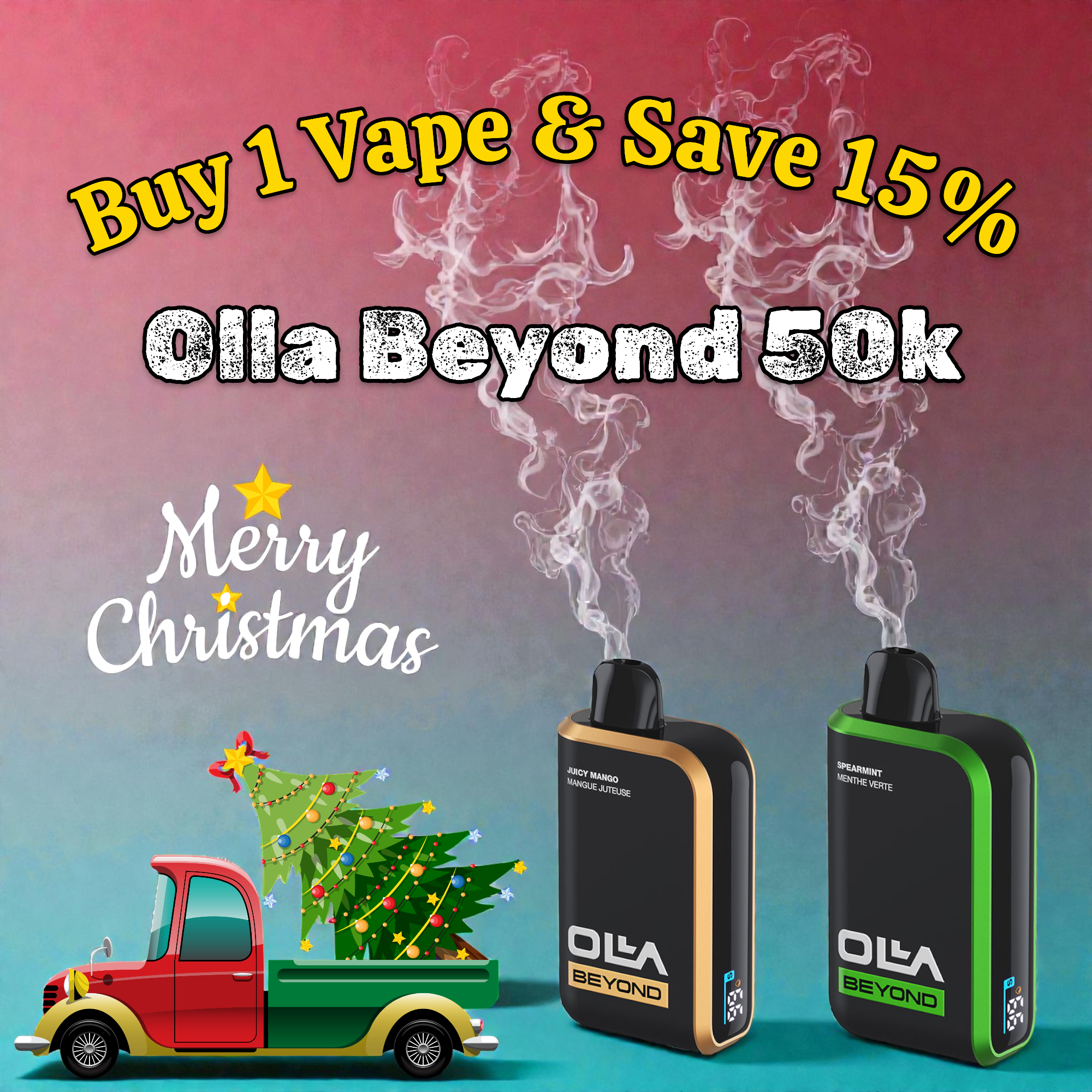 Two OLA BEYOND vape devices with a Christmas-themed truck and tree on a gradient background, promoting a 15% discount offer.