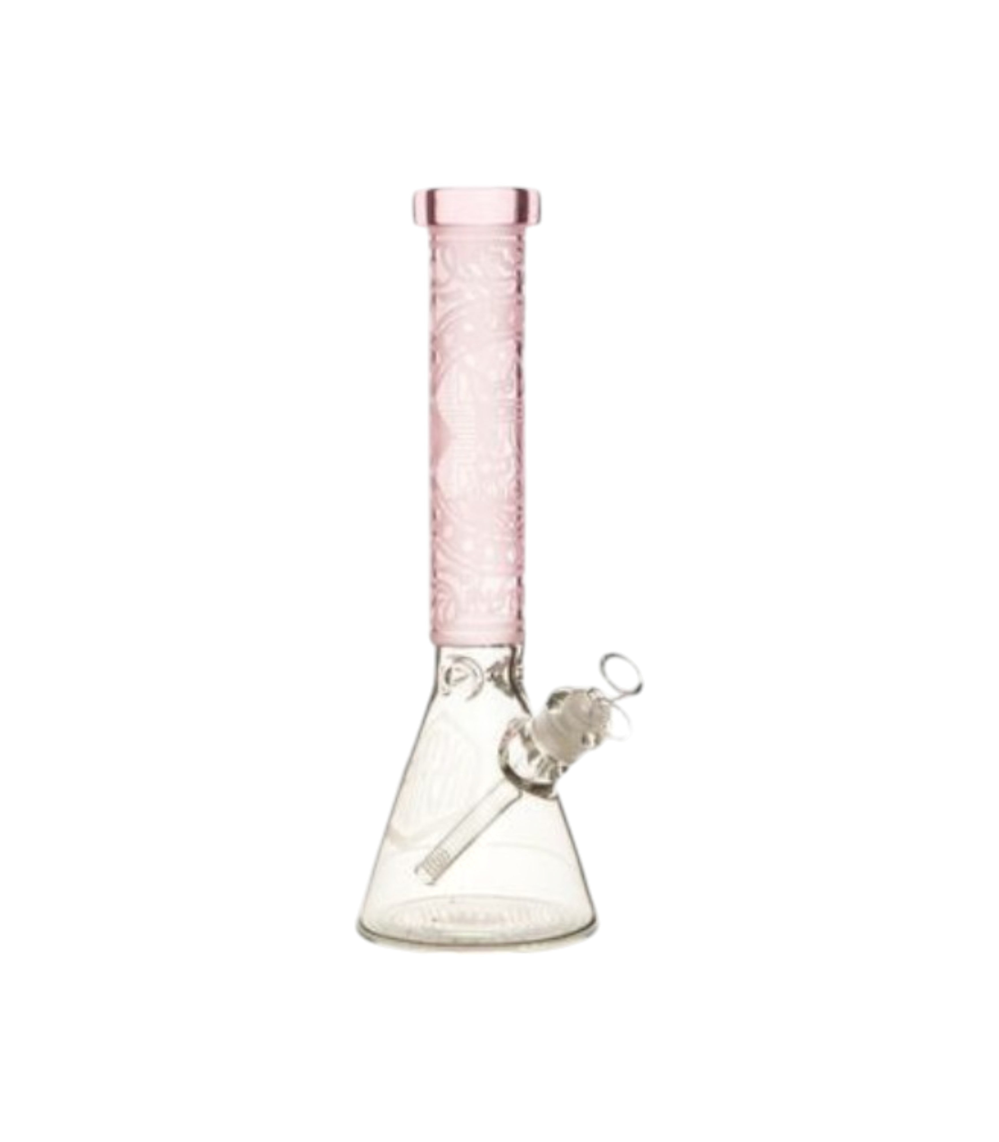 Glass water pipe with pink neck on a white background
