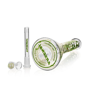 A 10-inch tall glass bong with a 5mm thickness, featuring a green 'ARSENAL' logo and bee design elements on the bowl and tube.