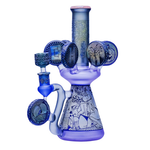 Blue glass smoking device with intricate designs on a white background