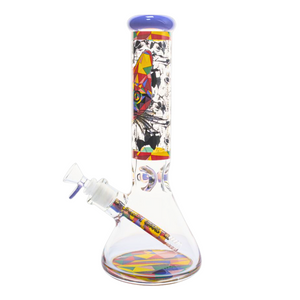 Colorful glass bong with abstract designs on a white background