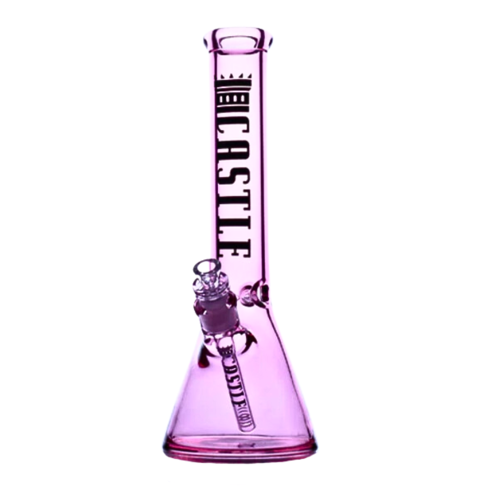 Pink glass water pipe with 'Castle' branding on a white background