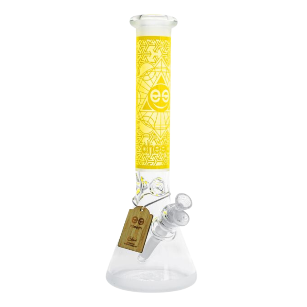 Glass water pipe with yellow label and brand logo on a white background