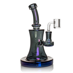 Glass smoking device with purple accents on a white background