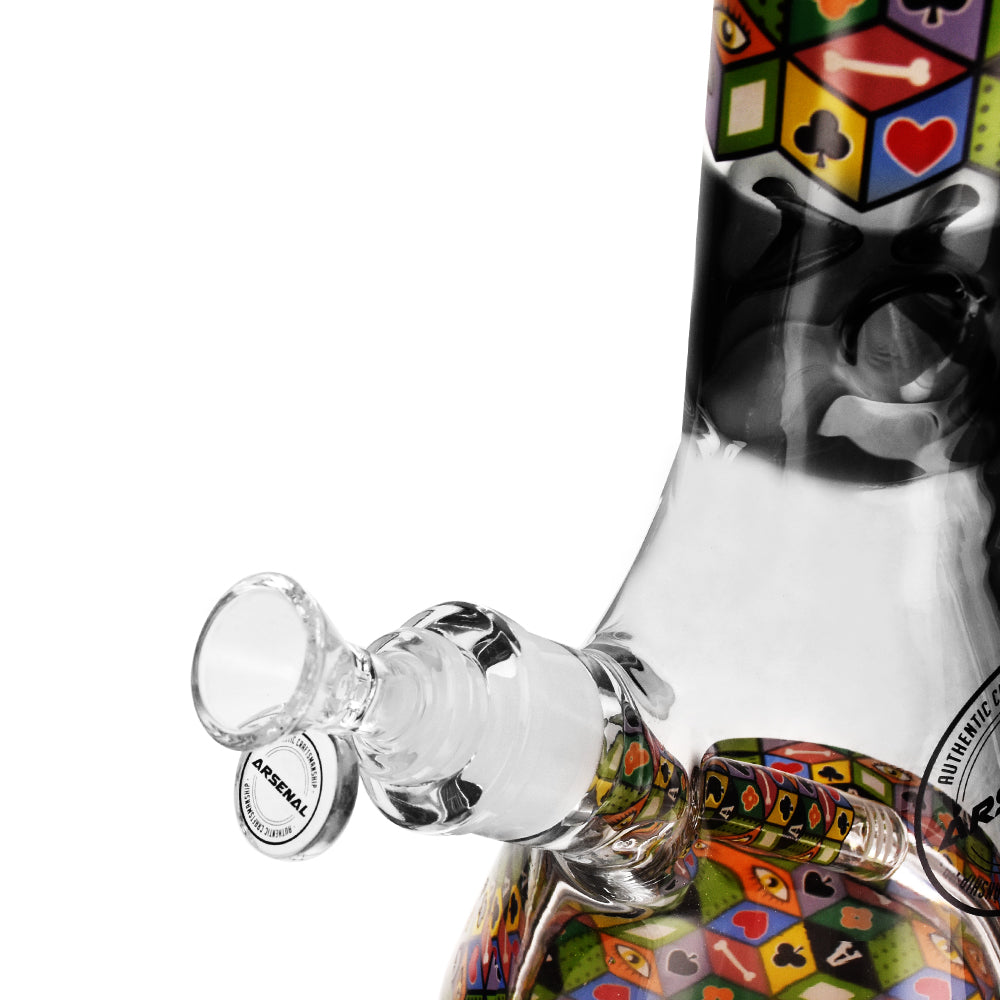 A detailed image of a 17-inch glass bong with colorful royal-inspired motifs and intricate design, showing the bong's mouthpiece, tube, and base.