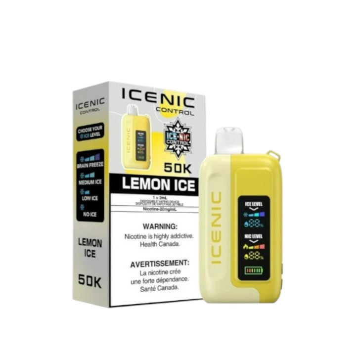 Yellow ICENIC vape device with packaging on a white background