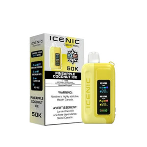 Yellow ICENIC vape device with packaging on a white background