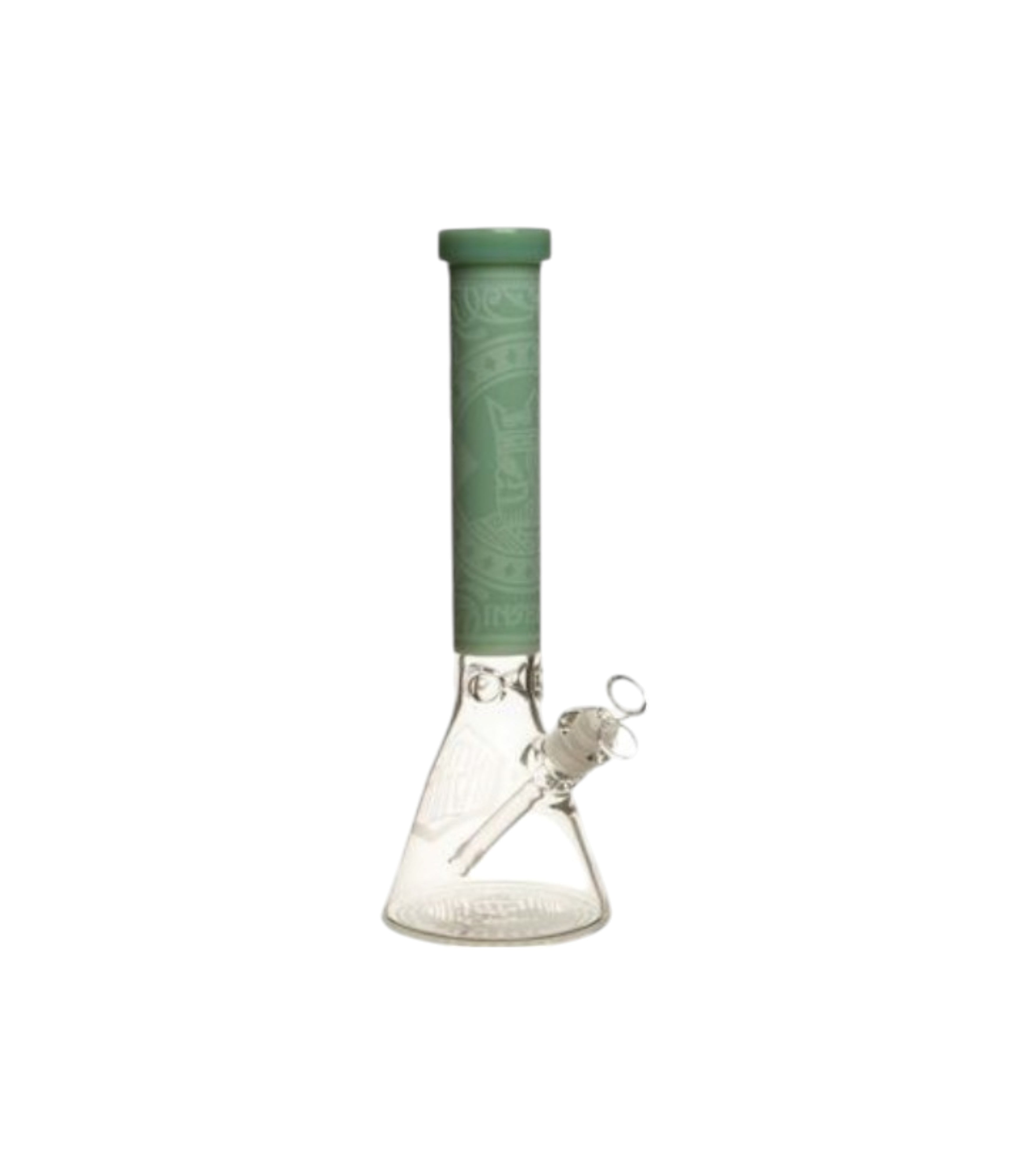 Glass beaker with green neck on a white background