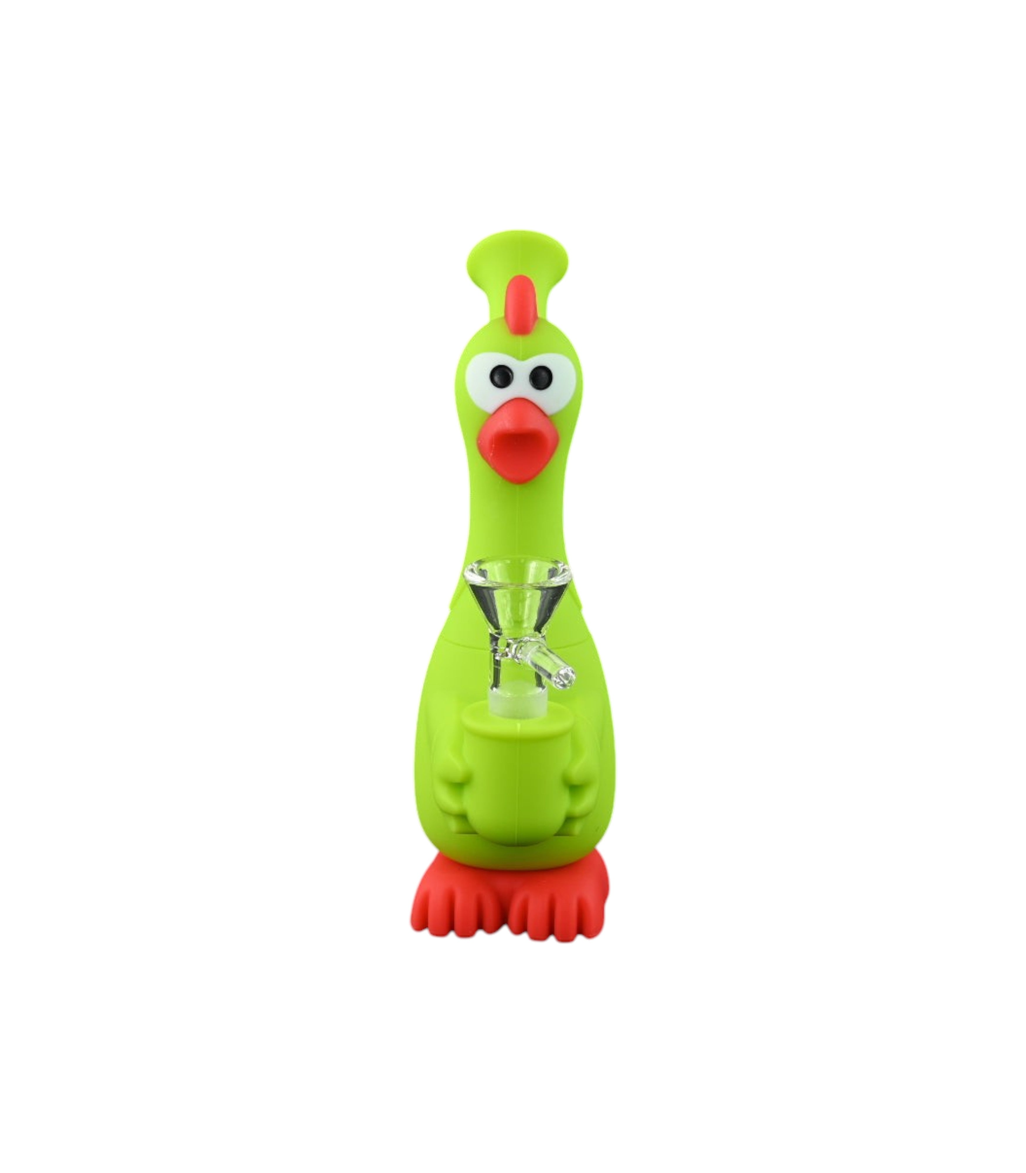 Green toy chicken with a red beak and feet on a white background