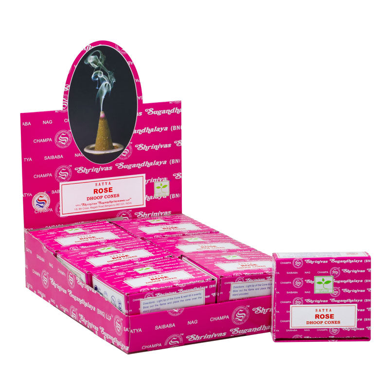 Display of Surya Rose incense cones packaging on a white background