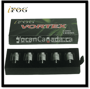 A box of five iFog Vortex Layered Square Ceramic Coils for dry herb, displayed in a black box with a green and white label.