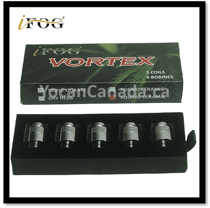 A box of five iFog Vortex Layered Square Ceramic Coils for dry herb, displayed in a black box with a green and white label.