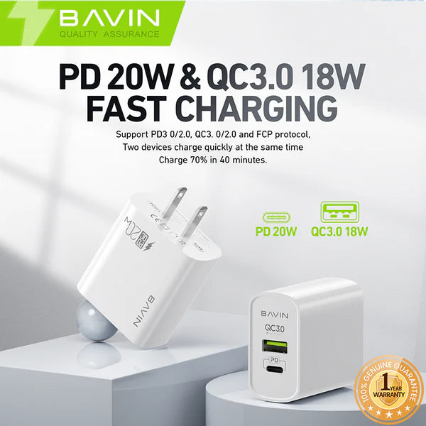 Bavin PD 20W & QC3.0 18W fast charging adapter on a white background
