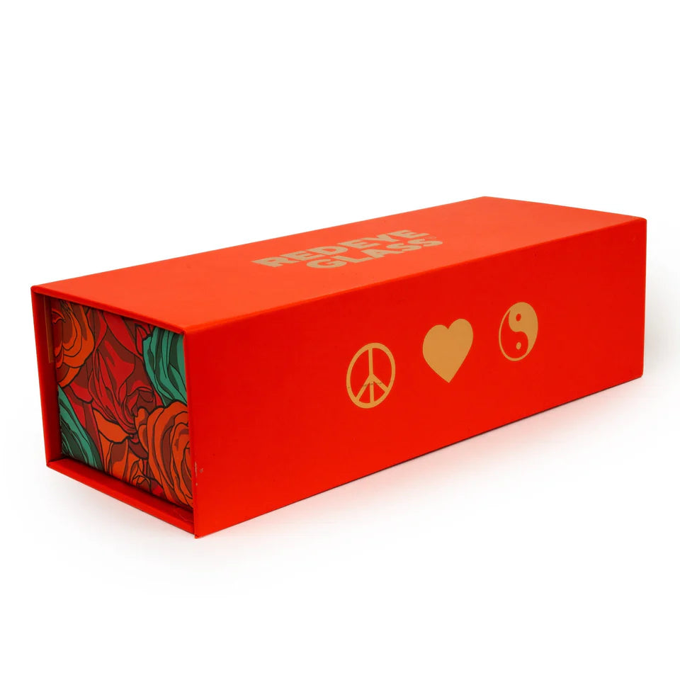 Red rectangular box with decorative elements on a white background