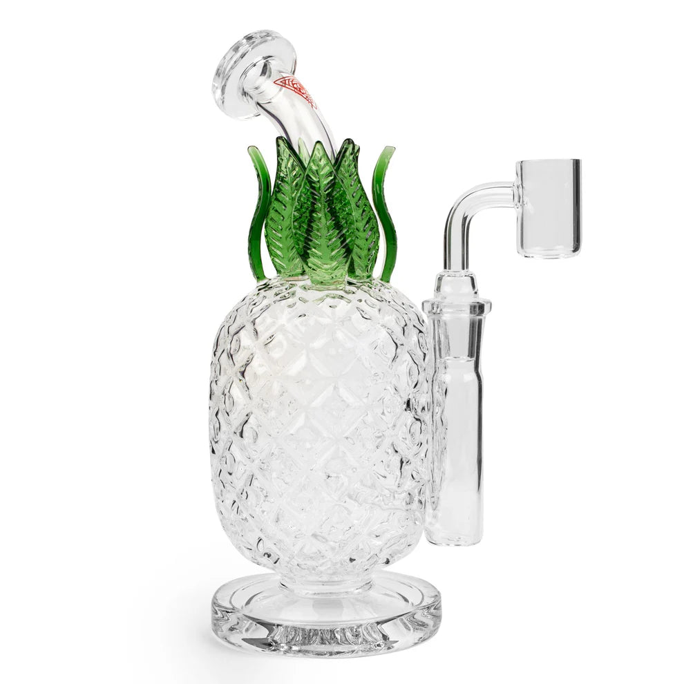 Glass pineapple-shaped water pipe with green leaf accents on a white background