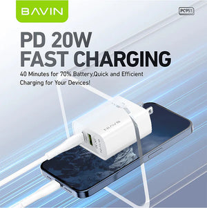 Bavin PD 20W fast charging adapter with smartphone on a light blue background