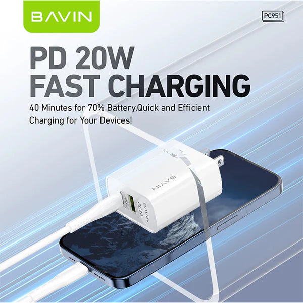 Bavin PD 20W fast charging adapter with smartphone on a light blue background