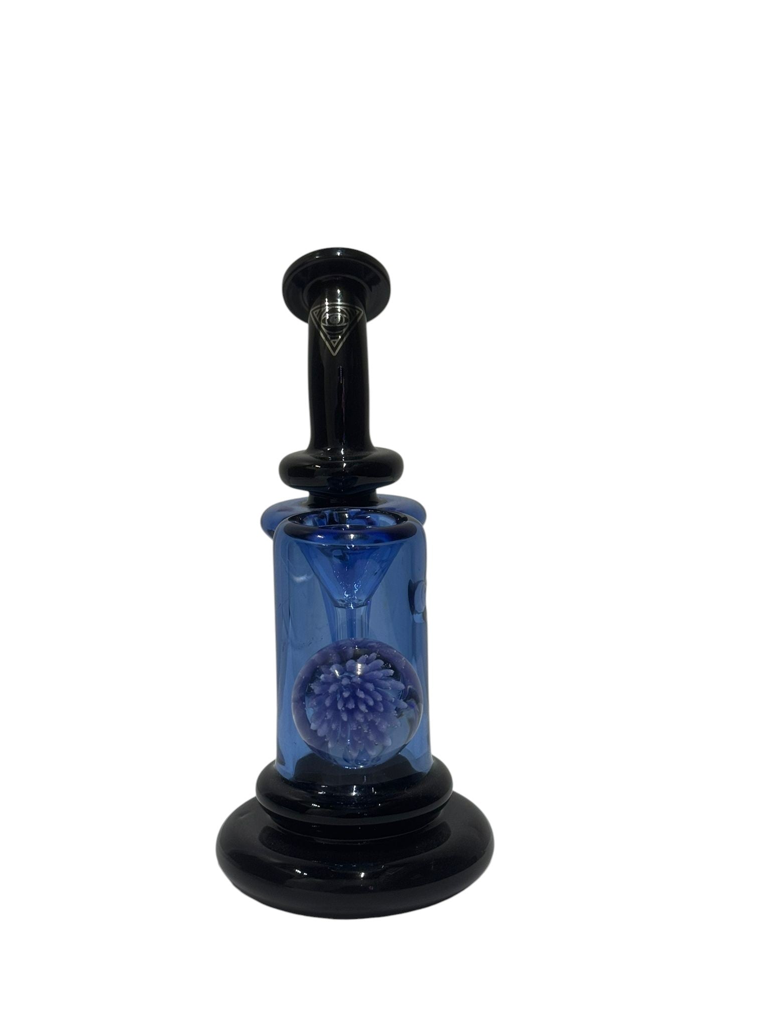 Blue hourglass with black base on a white background