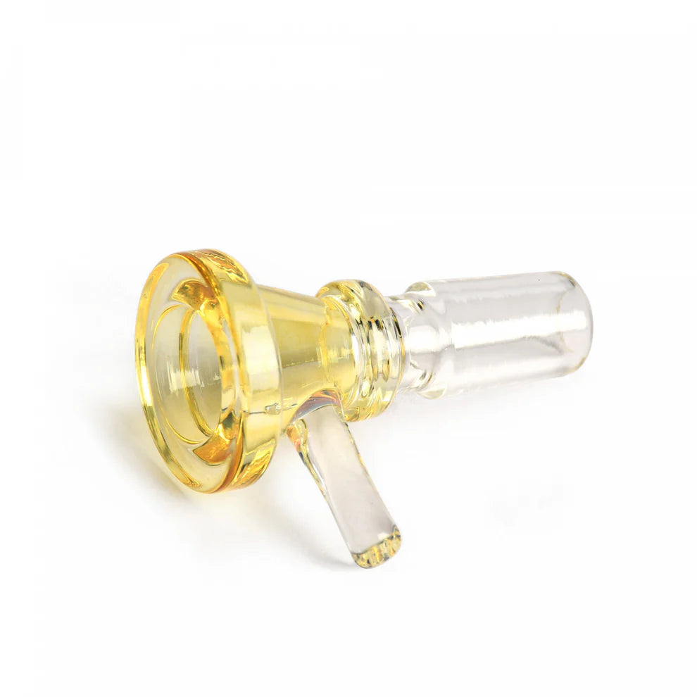 Glass smoking accessory with yellow bowl and clear chamber on a white background