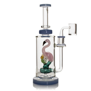 Glass smoking device with a flamingo design on a white background