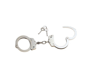 Metallic handcuffs on a white background
