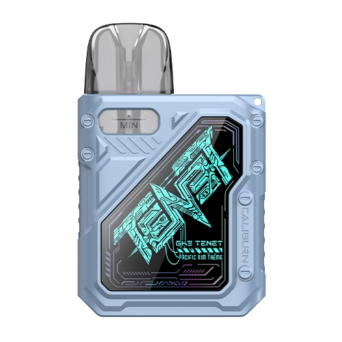 Vape device with a metallic finish and blue text on a white background