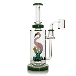 Glass smoking device with flamingo design on a white background