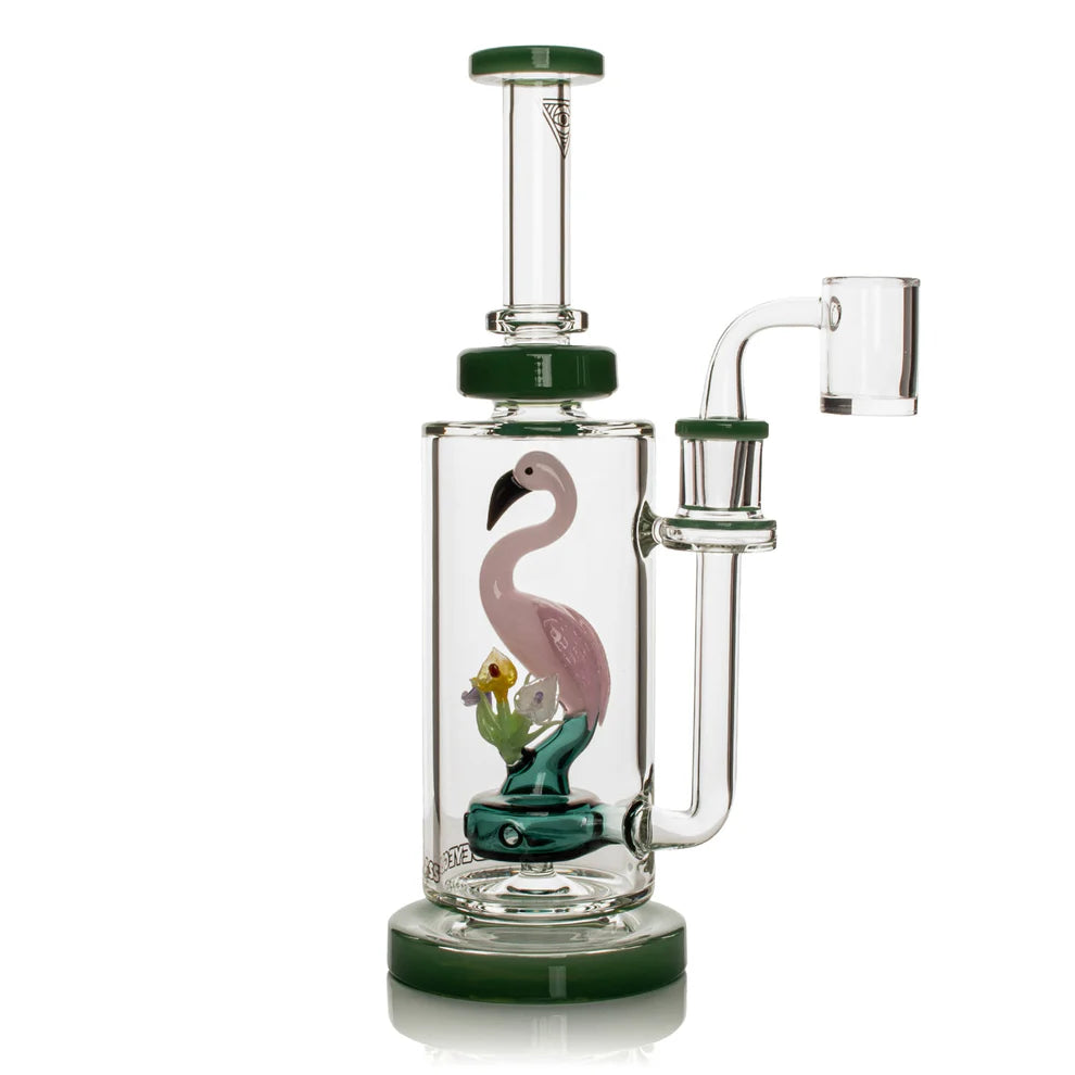 Glass smoking device with flamingo design on a white background