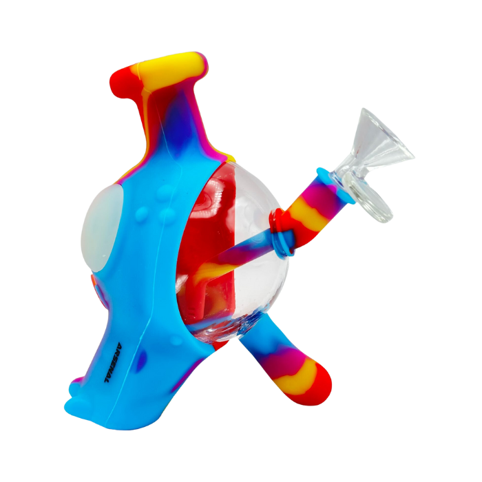 Colorful glass smoking device with a transparent chamber on a white background