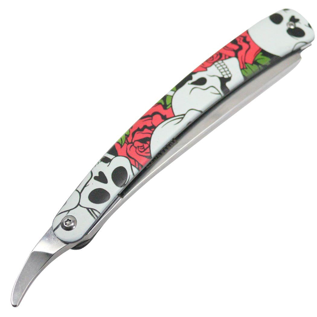 Folding knife with skull and rose design on a white background