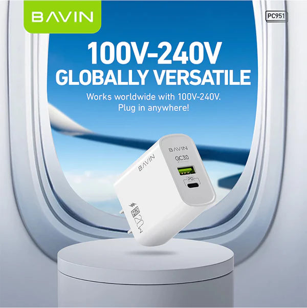 Bavin power adapter with airplane window in the background, emphasizing global compatibility.