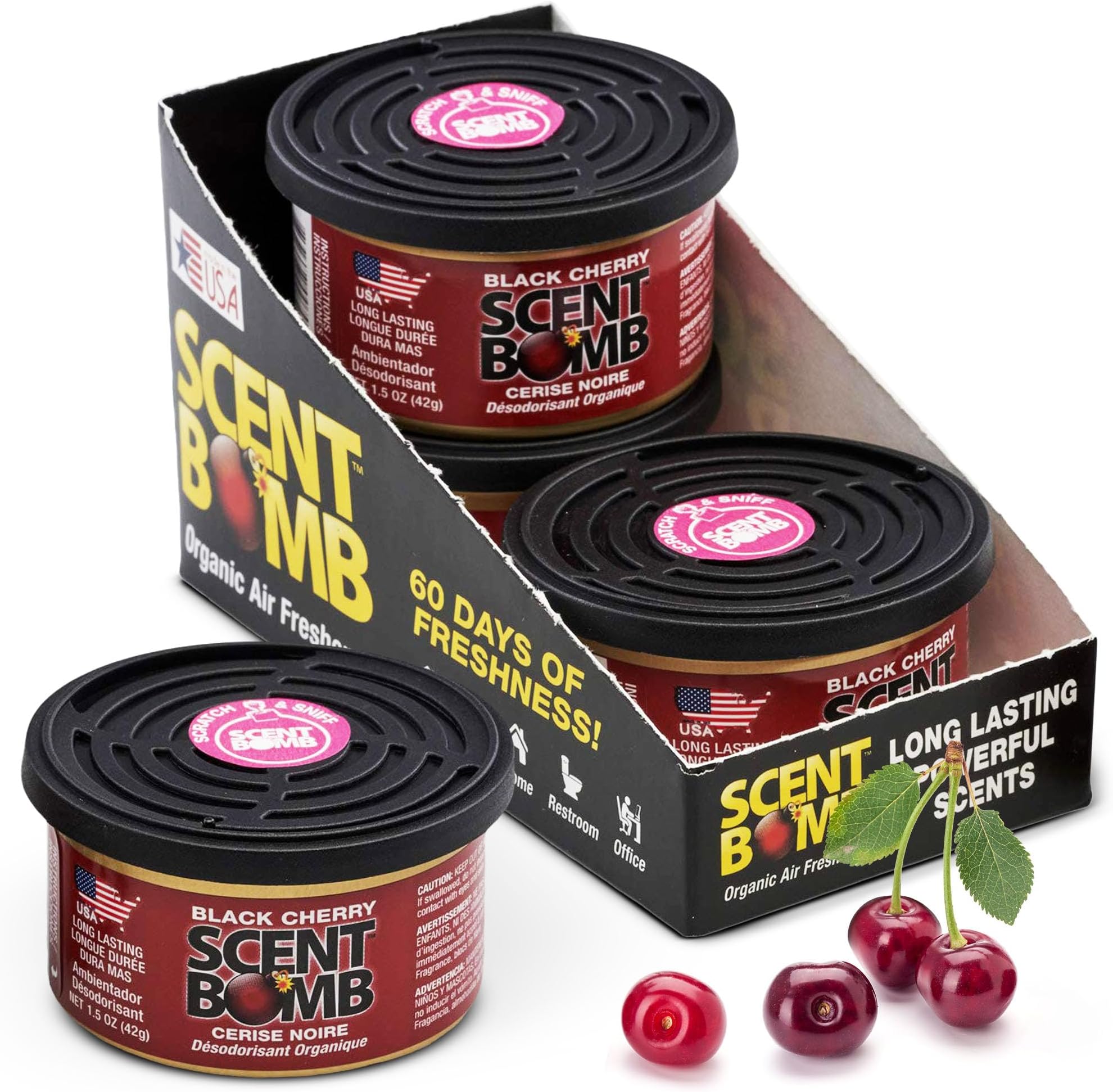 Scent Bomb Black Cherry air freshener with packaging and cherries on a white background