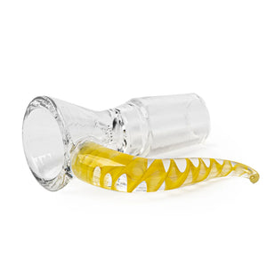 Glass smoking accessory with yellow accent on a white background
