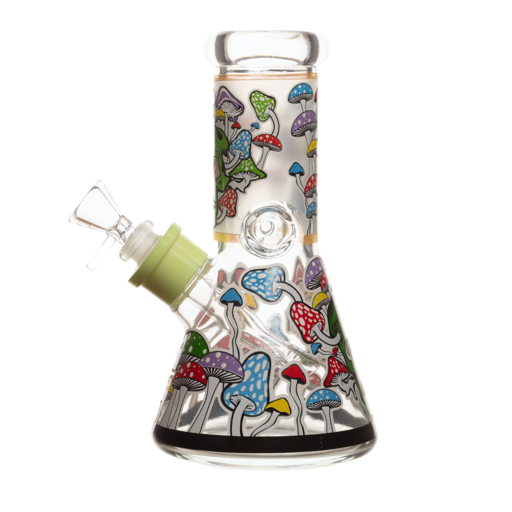 A colorful glass bong with a mushroom pattern, including a down stem bowl, against a white background.