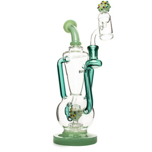 Glass smoking device with green accents on a white background