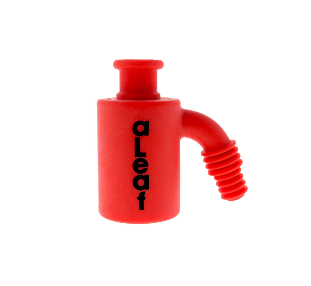 Red silicone smoking device with 'aLeaf' branding on a white background