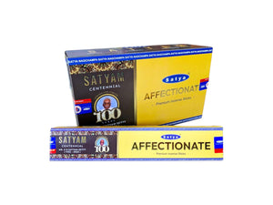 Satya incense sticks packaging with 'Affectionate' and 'Centennial' labels on a white background