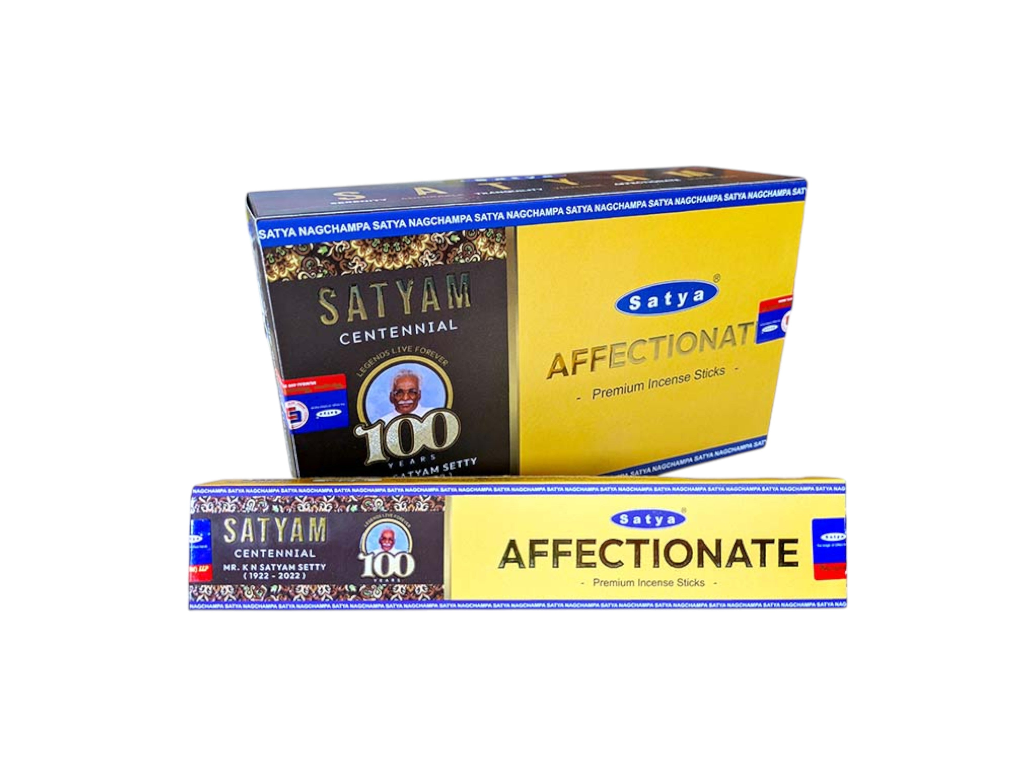 Satya incense sticks packaging with 'Affectionate' and 'Centennial' labels on a white background