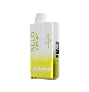 Yellow and white vape device with 'ALLO' branding on a white background