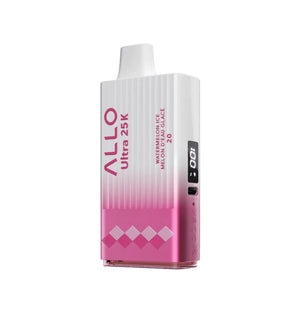 Pink and white vape device with 'ALLO' branding on a white background