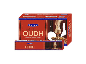 Red box of Satya Oudh incense sticks on a white background