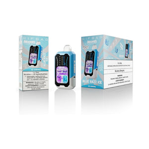 Vape device with blue and white packaging on a white background