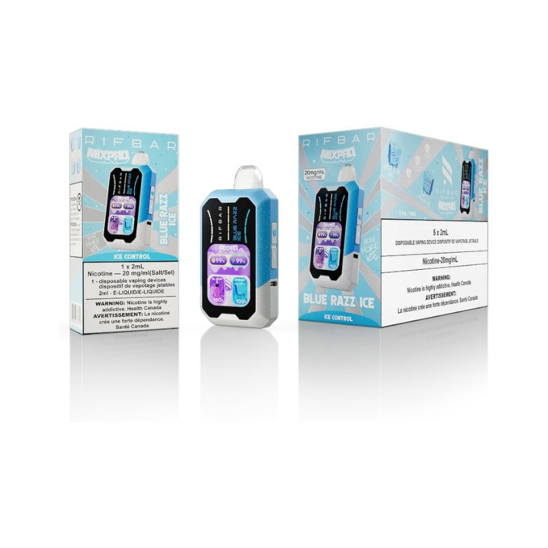 Vape device with blue and white packaging on a white background