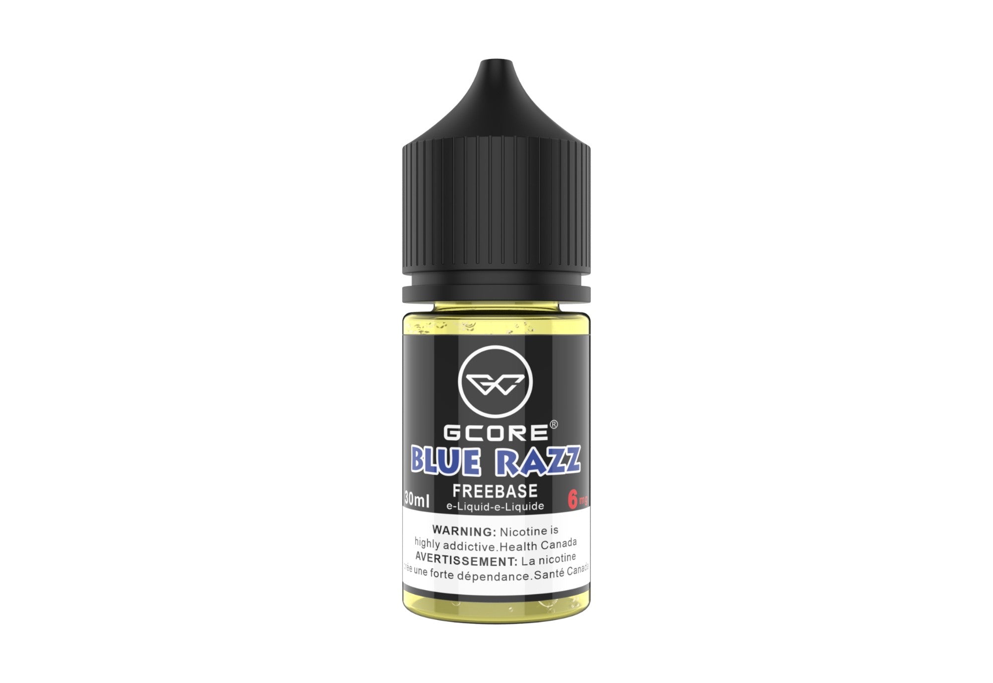 Gcore Blue Razz freebase e-liquid bottle on a white background