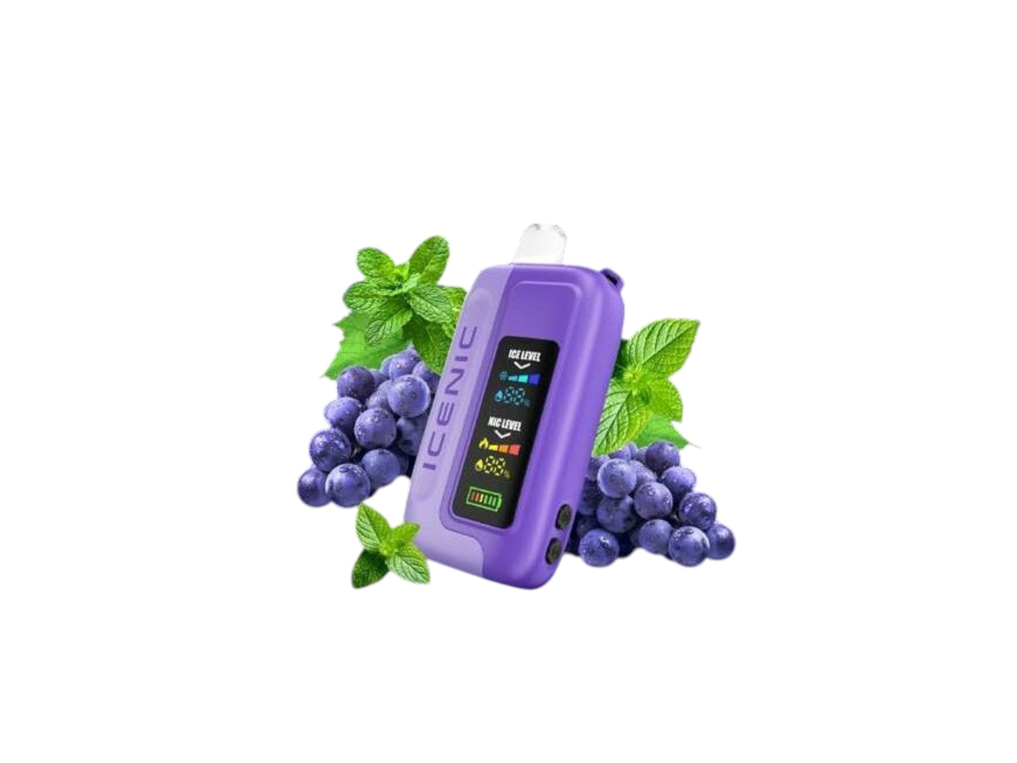Purple electronic device with grapes and mint leaves on a white background