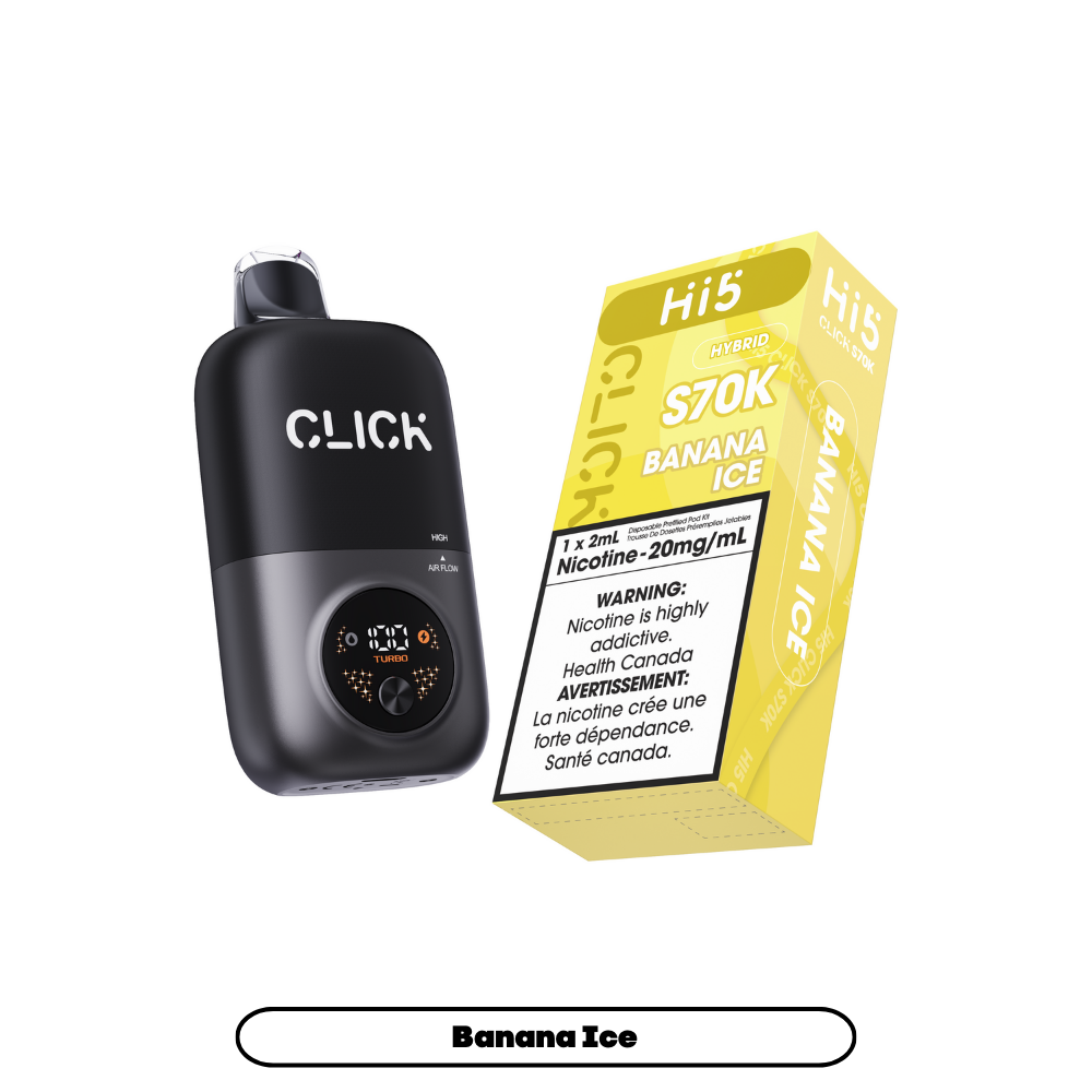 Black Click device and yellow Hi5 packaging on a white background
