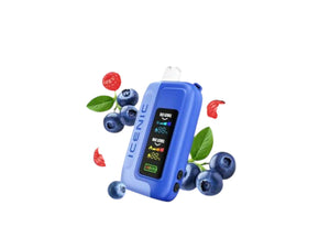 Blue electronic device with a digital display surrounded by blueberries and leaves on a white background